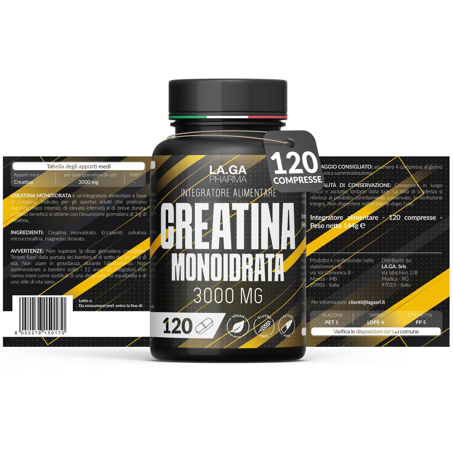 Creatina Monoidrata 120 Compresse da 3000mg di Creatina Pura per dose. Creatine Monohydrate per Massa Muscolare e Boost Energetico. Creatina Pre e Post Workout. Creatina Made in Italy, 100% Vegan