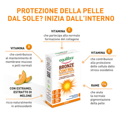 Equilibra Integratori Alimentari, Bronze Control, Integratore Vitamina A, Vitamina C, Vitamina E e Rame, con Estratto di Melone Brevettato, per l'Esposizione Solare, Senza Glutine, 30 Capsule Vegetali