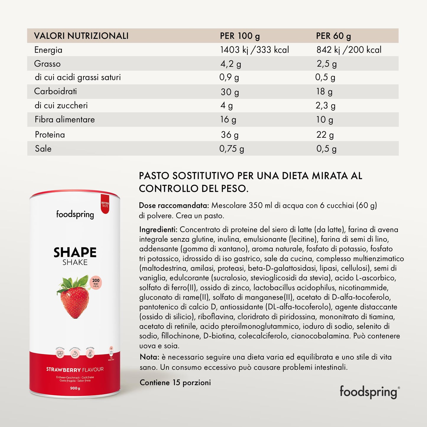 foodspring Shape Shake Bustine Monoporzione, 10 x 60 g, Sostituto pasto per il controllo del peso*, Ricco di proteine, Vitamine e minerali