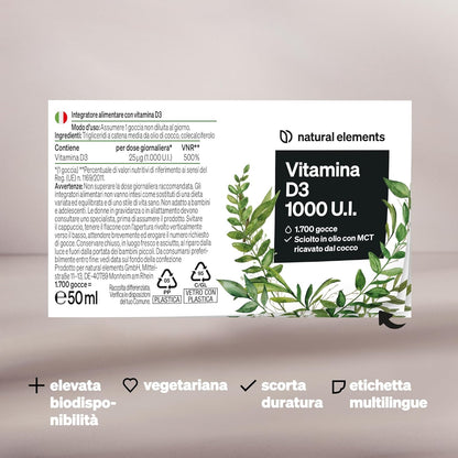 Vitamina D3 – 1000 I.U. per goccia – 50 ml (1750 gocce) – natural elements – In olio MCT di cocco – Integratore Vitamin D – Alto dosaggio, liquida