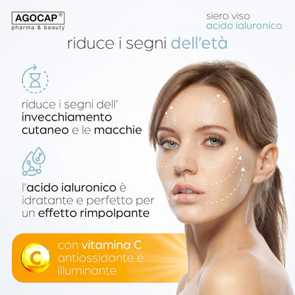 Siero ACIDO IALURONICO Viso con Vitamina C, Retinolo e Vitamina D. Antirughe 50 ml, ottimo per la tua skincare routine. Idratante per uomo e donna. contorno occhi, Agocap