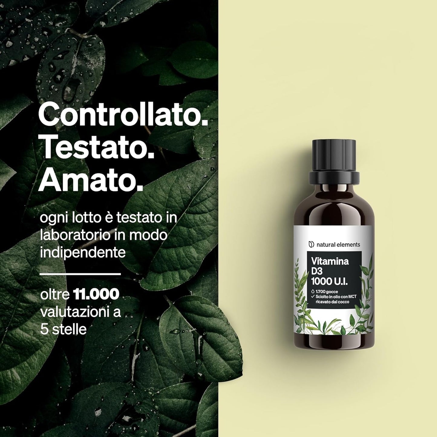 Vitamina D3 – 1000 I.U. per goccia – 50 ml (1750 gocce) – natural elements – In olio MCT di cocco – Integratore Vitamin D – Alto dosaggio, liquida