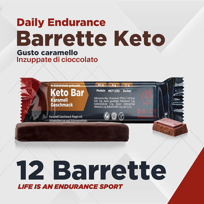 Daily Endurance | Keto Bar | 12 Barrette Proteiche Rivestite di Saccarosio | Miglior Keto in Movimento per Merendine | Barrette Low Carb, Paleo e Keto | Vegane e Sane | 480 g Caramello