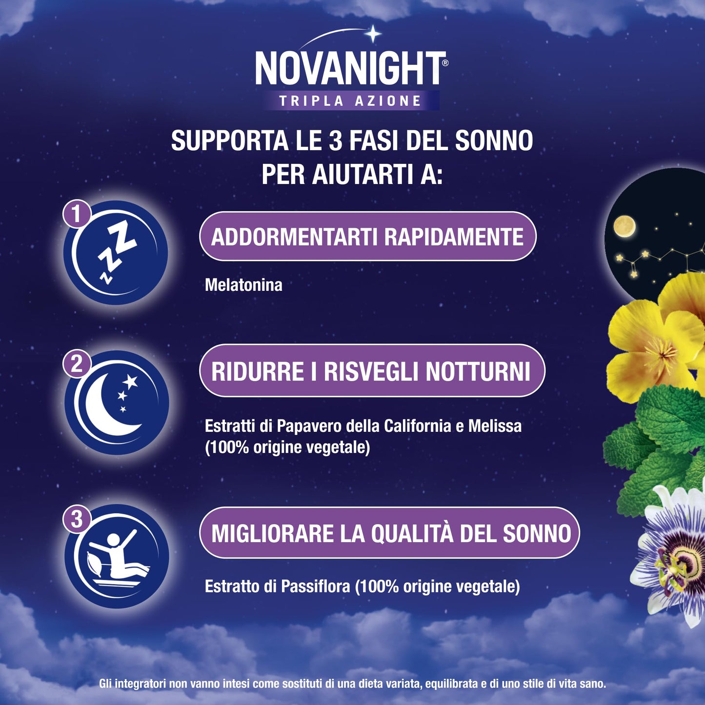 Novanight Tripla Azione Melatonina per Dormire, Integratori per Dormire, Disturbi del Sonno - Senza Glutine, con Melatonina, Escolzia, Passiflora, Melissa. Non Induce Dipendenza (70 Compresse)