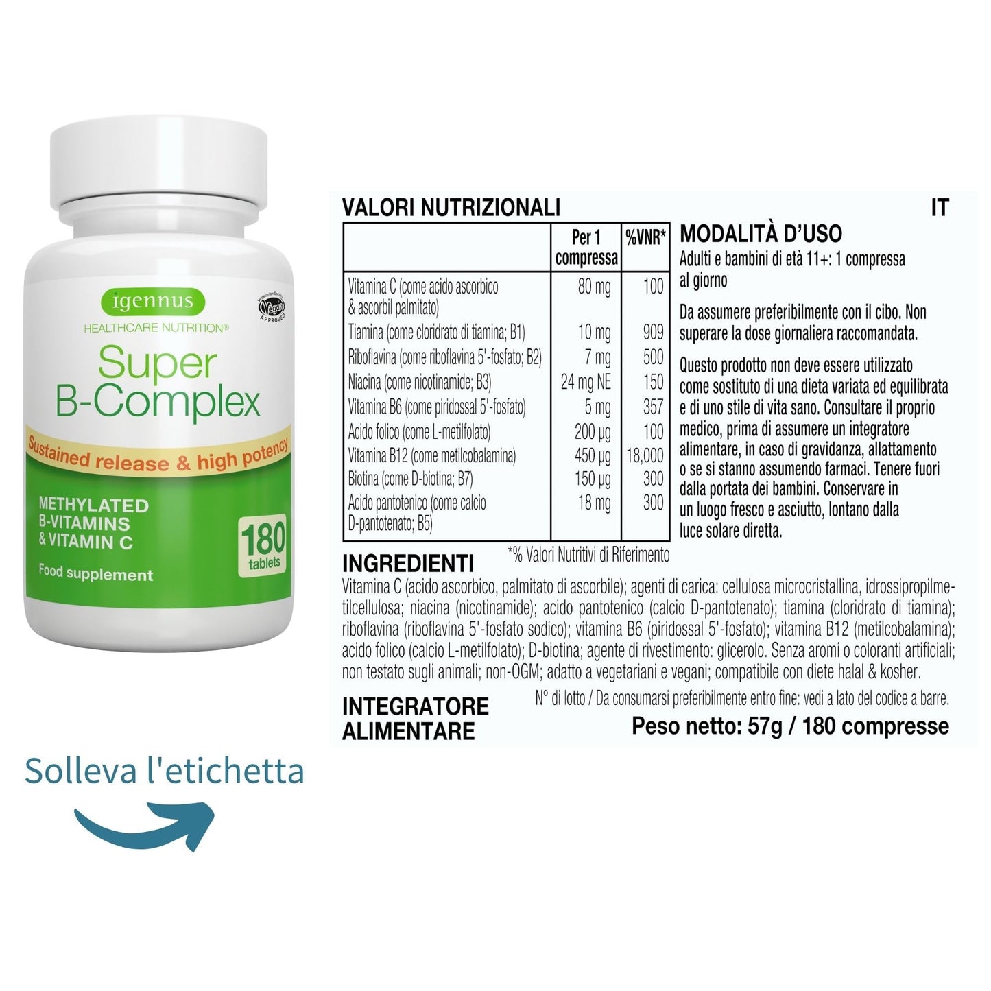 Super B - Vitamina B Complex ad Alto Assorbimento e Rilascio Prolungato,B1,B2,B3,B5 B6,B12, Biotina, Folato e Vitamina C - 60 Compresse Vegane – Igennus