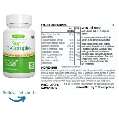 Super B - Vitamina B Complex ad Alto Assorbimento e Rilascio Prolungato,B1,B2,B3,B5 B6,B12, Biotina, Folato e Vitamina C - 60 Compresse Vegane – Igennus