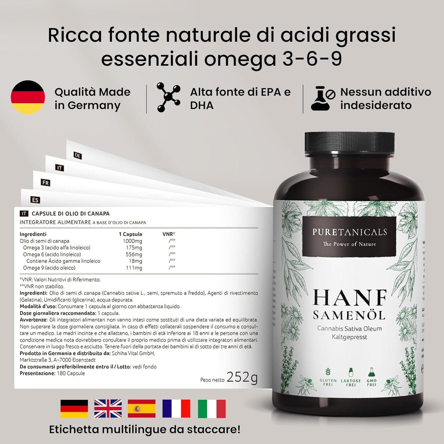 Olio di Semi di Canapa (Cannabis Sativa), 180 Capsule con Omega 3-6-9 | Ingredienti Naturali 100%, 1000mg Puro Hemp Seed Oil |