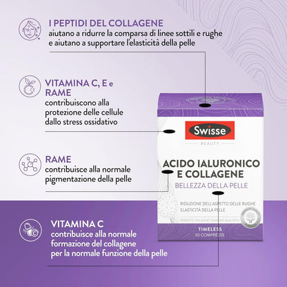 SWISSE Collagene e Acido Ialuronico - Collagene Integratore Donna Uomo con Vitamina C, E, Rame Protegge dallo Stress Ossidativo per Pelle Elastica, Integratori Attenua Rughe 30 Compresse Made in Italy