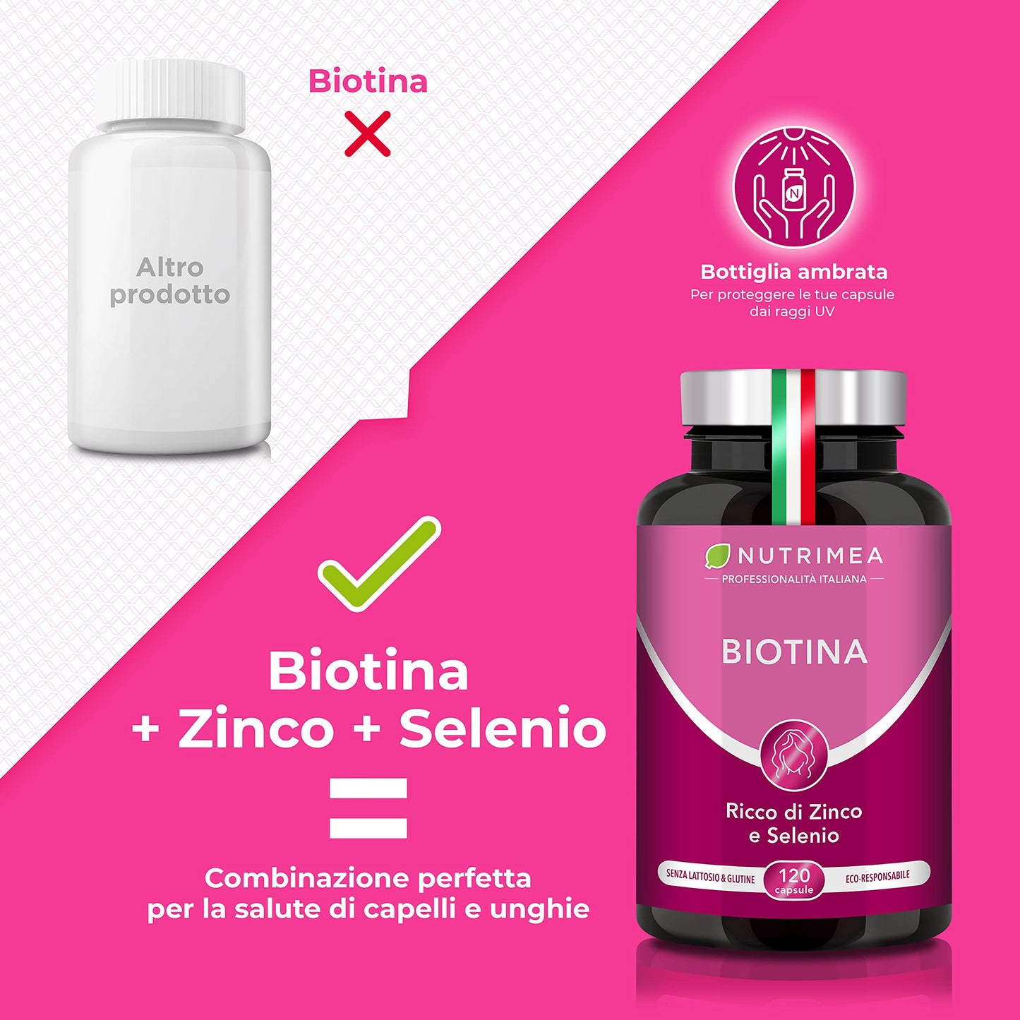 Biotina Nutrimea | Capelli, Unghie e Pelle | Vitamina B8, Zinco, Selenio e Semi di Zucca | Trattamento 4 Mesi | 120 Capsule Vegane