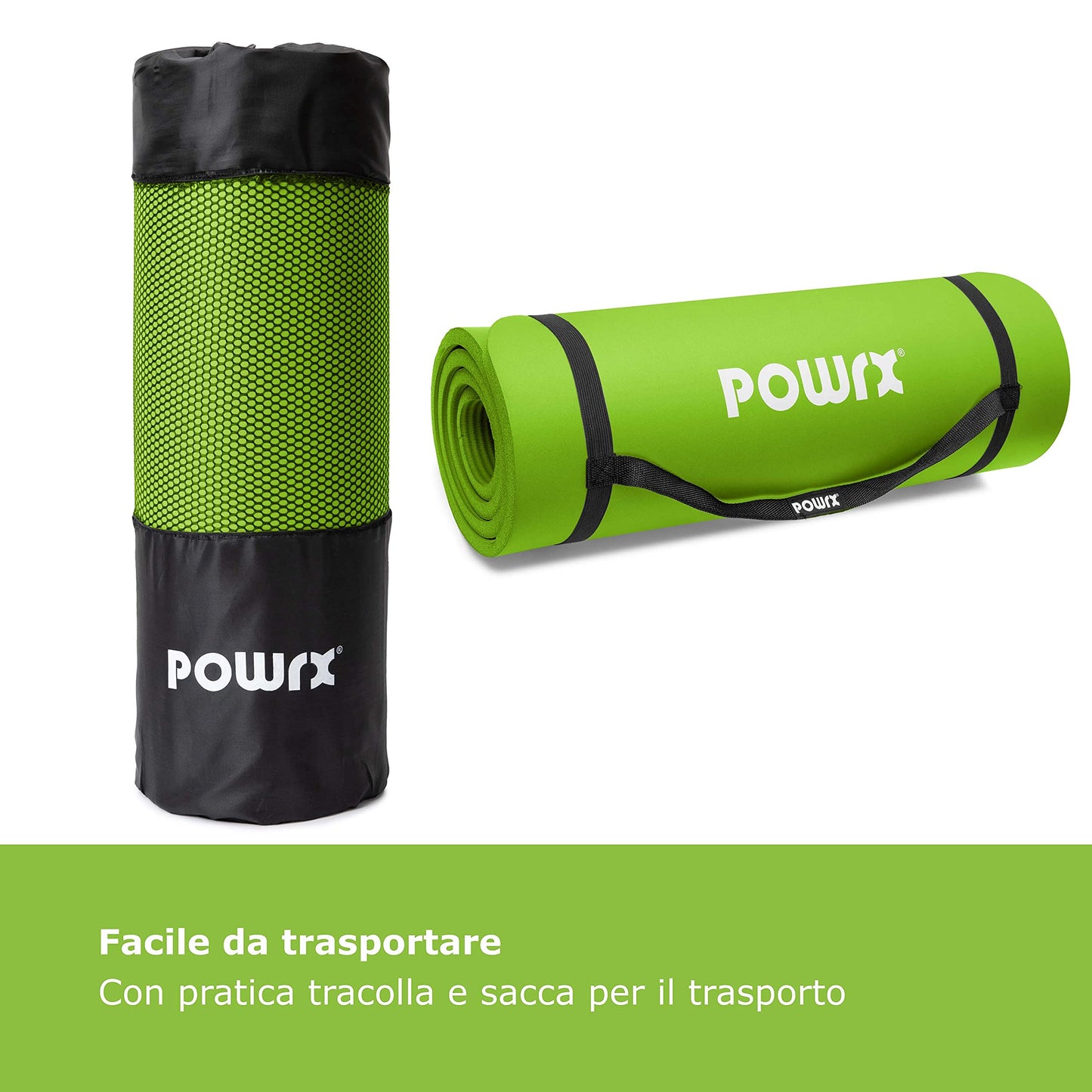 POWRX Tappetino Fitness Antiscivolo 190 x 60, 80, 100 cm - Ideale per Yoga, Pilates e Ginnastica - Extra Morbido e Spessore da 1,5 cm o 1 cm - Ecocompatibile con Tracolla e Sacca Trasporto + Poster