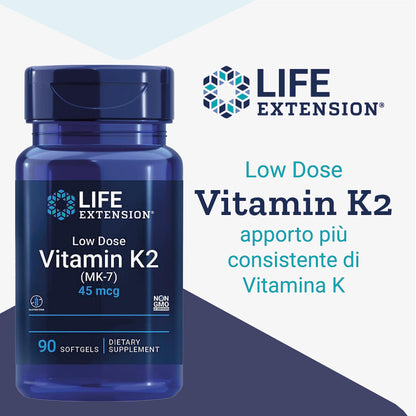 Life Extension, Vitamina K2 a Basso Dosaggio, con Trans-MK-7, 45mcg, 90 Capsule molli, Testate in Laboratorio, Senza Glutine, Senza Soia, Non OGM