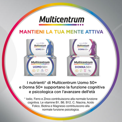 Multicentrum Uomo 50+ Integratore Alimentare Multivitaminico Completo, con Vitamina D3, Supporto Contro la Stanchezza per Uomini oltre 50 anni, 100 Compresse