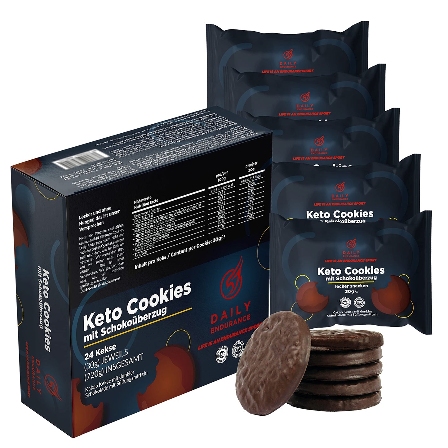 Daily Endurance - 24 Biscotti Keto Senza Zucchero Chetogenici | 540g - 0,7g Carboidrati - Ghiaccioli al Cioccolato | Spuntini | Proteiche Cibo Low Carb & Paleo