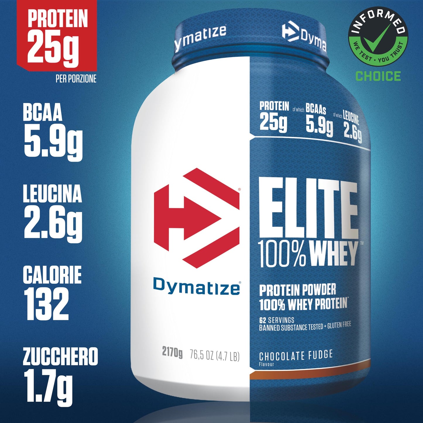 Dymatize Elite 100% Whey Rich Chocolate 2170g - Polvere ad alto contenuto di proteine e basso zuccheri del siero latte BCAA