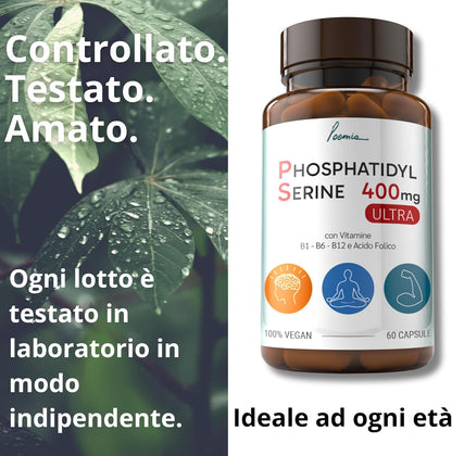 Fosfatidilserina Pura Ps 400mg Contrasta il Cortisolo Migliora Memoria e Concentrazione Riduce lo Stress Integratore con Vitamina B1 (Tiamina) B6 B12 Acido Folico 60 Capsule Poemia