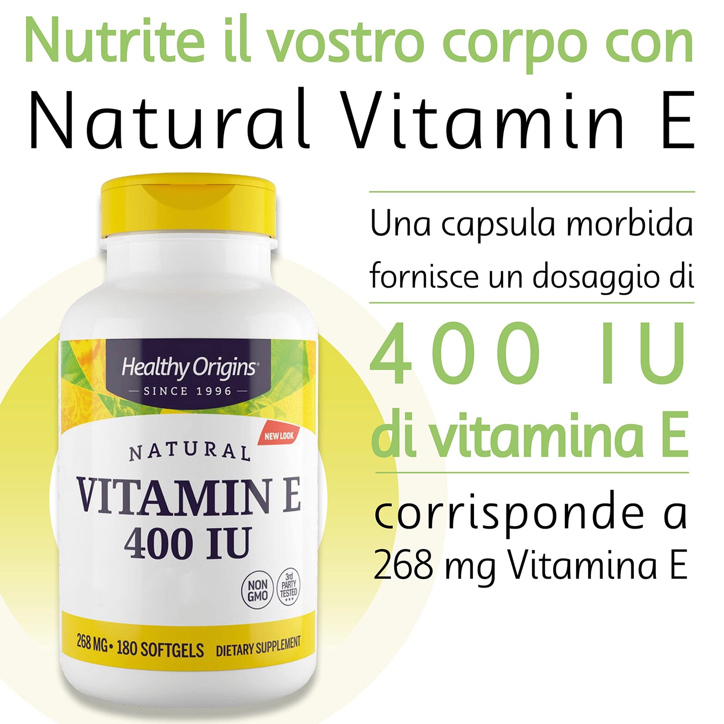 Healthy Origins, Natural Vitamin E, 400 UI per capsula, 180 Capsule morbide, Testato in Laboratorio, Senza Glutine, Non OGM, Vitamina E come tocoferolo