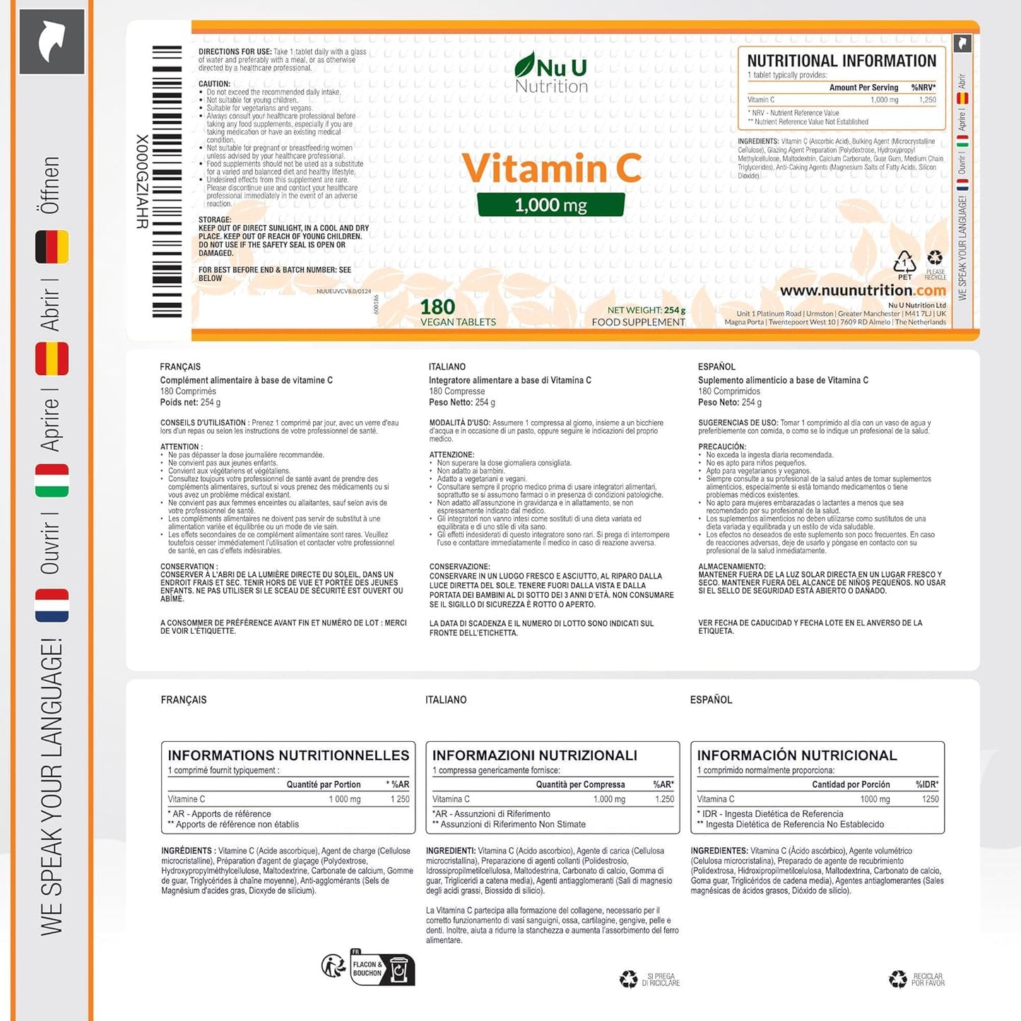 Vitamina C 1000mg Pura Alto Dosaggio - 180 Compresse Vegane - 6 Mesi di Fornitura - Acido Ascorbico - Senza GMO - Integratori alimentari di Nu U Nutrition