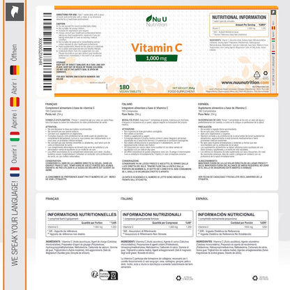 Vitamina C 1000mg Pura Alto Dosaggio - 180 Compresse Vegane - 6 Mesi di Fornitura - Acido Ascorbico - Senza GMO - Integratori alimentari di Nu U Nutrition