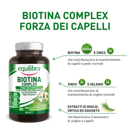 equilibra Integratori Alimentari, Biotina Complex, Benessere di Capelli e Unghie, Integratore Altodosato a Base di Biotina, Zinco, Rame, Selenio, Estratti di Ortica, Miglio, Equiseto, 90 Capsule