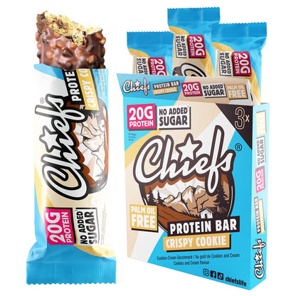 Chiefs® Protein Bar con 20g di proteine e 211kcal • Barretta proteica a basso contenuto di zucchero con molte proteine • 12 x 55g (Crispy Cookie)