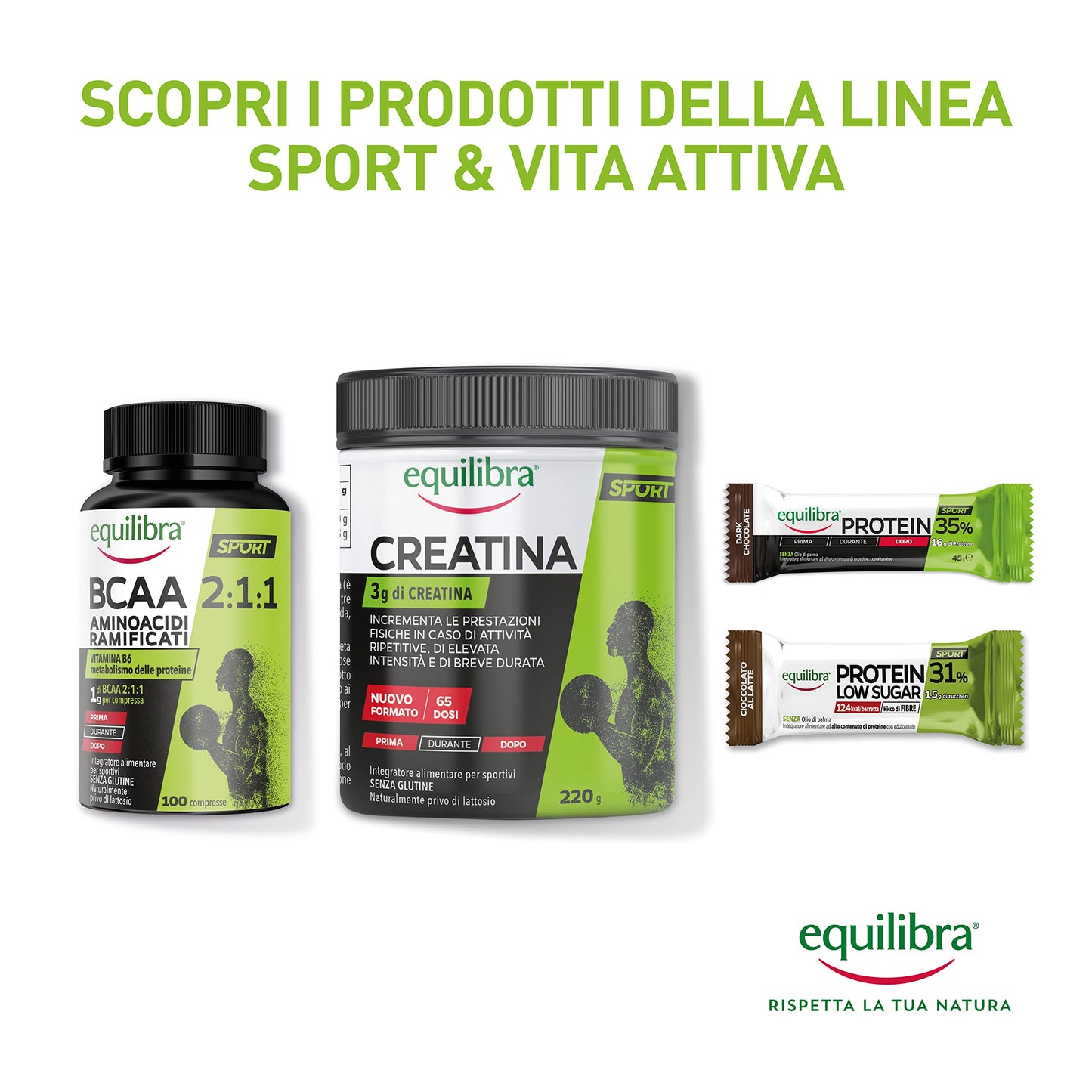 equilibra Integratori Alimentari, a Base di Creatina, Integratore Energia per Sportivi, Incrementa le Prestazioni Fisiche in Caso di Attività Ripetitive, Senza Glutine, Barattolo 220 g