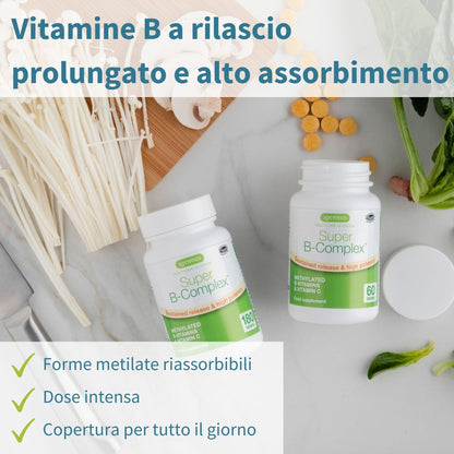 Super B - Vitamina B Complex ad Alto Assorbimento e Rilascio Prolungato,B1,B2,B3,B5 B6,B12, Biotina, Folato e Vitamina C - 60 Compresse Vegane – Igennus