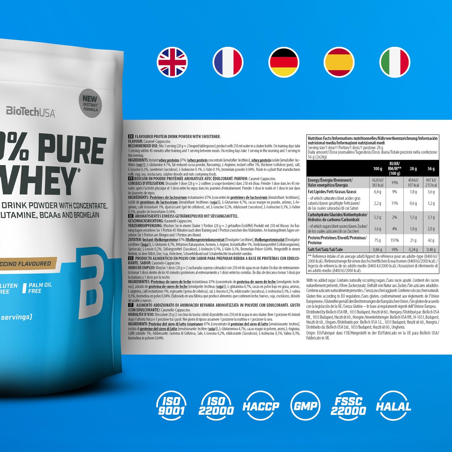 BioTechUSA 100% Pure Whey Complesso proteico del siero di latte con bromelina, aminoacidi, senza zuccheri aggiunti, senza olio di palma e con edulcorante, 1 kg, Cioccolato