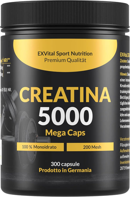 Creatina 5000 Mega Caps, stimolante per l'allenamento, 5000 mg di creatina monoidrato per dose giornaliera, 300 capsule, preworkout, Vegano