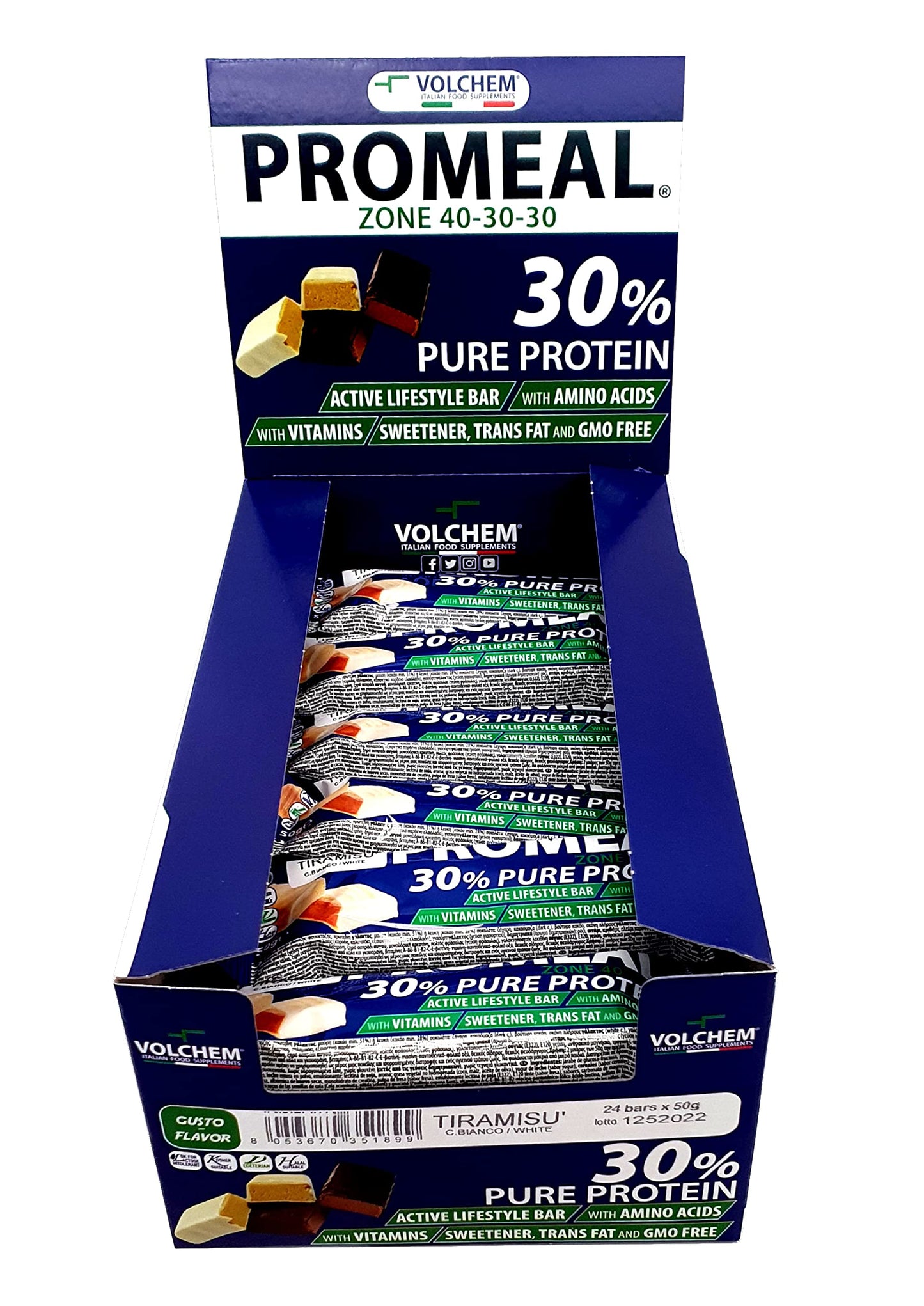 Volchem Promeal Zone 40-30-30, Barretta Proteico-Energetica con Ripartizione di Carboidrati-Proteine-Grassi (40-30-30), Senza Grassi Idrogenati, Scatola da 24 Barrette, Gusto Menta, 1200 g