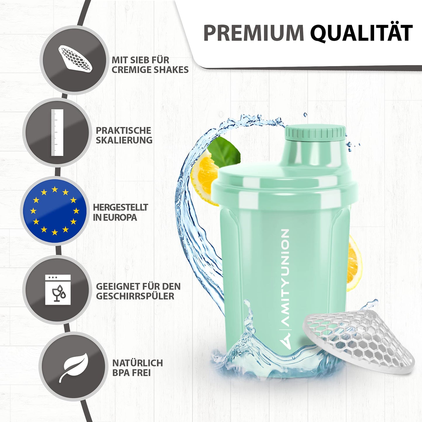 AMITYUNION Shaker per proteine 300 ml Heaven a prova di perdite, senza BPA con setaccio cliccabile e scala per frullati cremosi di siero di latte, shaker per proteine, originale in Fumo nero