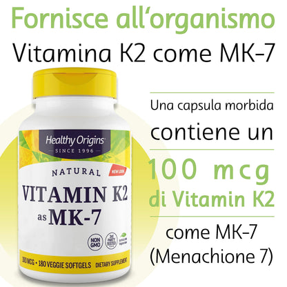 Healthy Origins, Vitamina K2 come MK7, 100mcg per dose giornaliera, 180 Capsule, Testato in Laboratorio, Altamente Dosato, Senza Glutine, Senza Soia, non OGM, Vitamina K