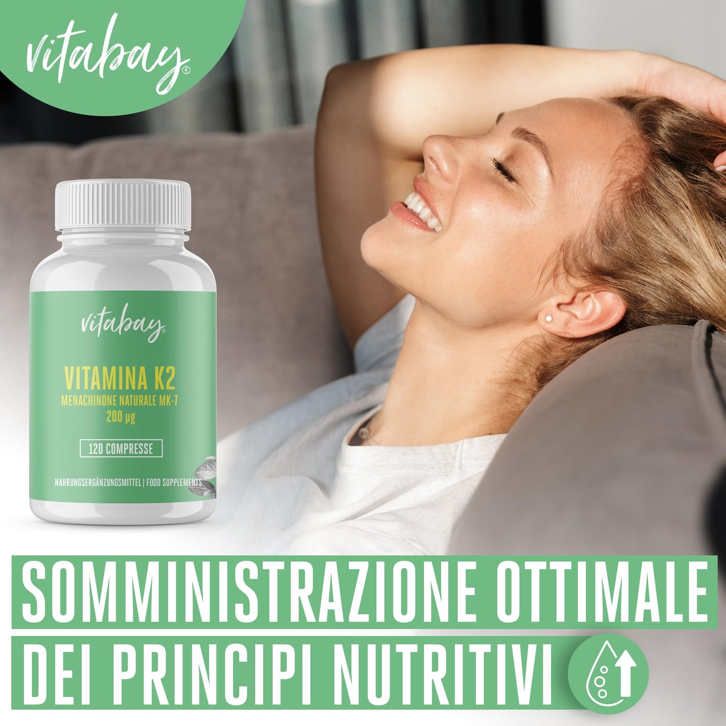 Vitabay Vitamina K2 365 compresse di Vitamina K2 200 mcg vegana con Menachinone MK7 naturale All-Trans ad alto dosaggio - Assumere 1 compressa di Vitamina K2 MK7 al giorno con acqua - Vit K2 K2 MK7