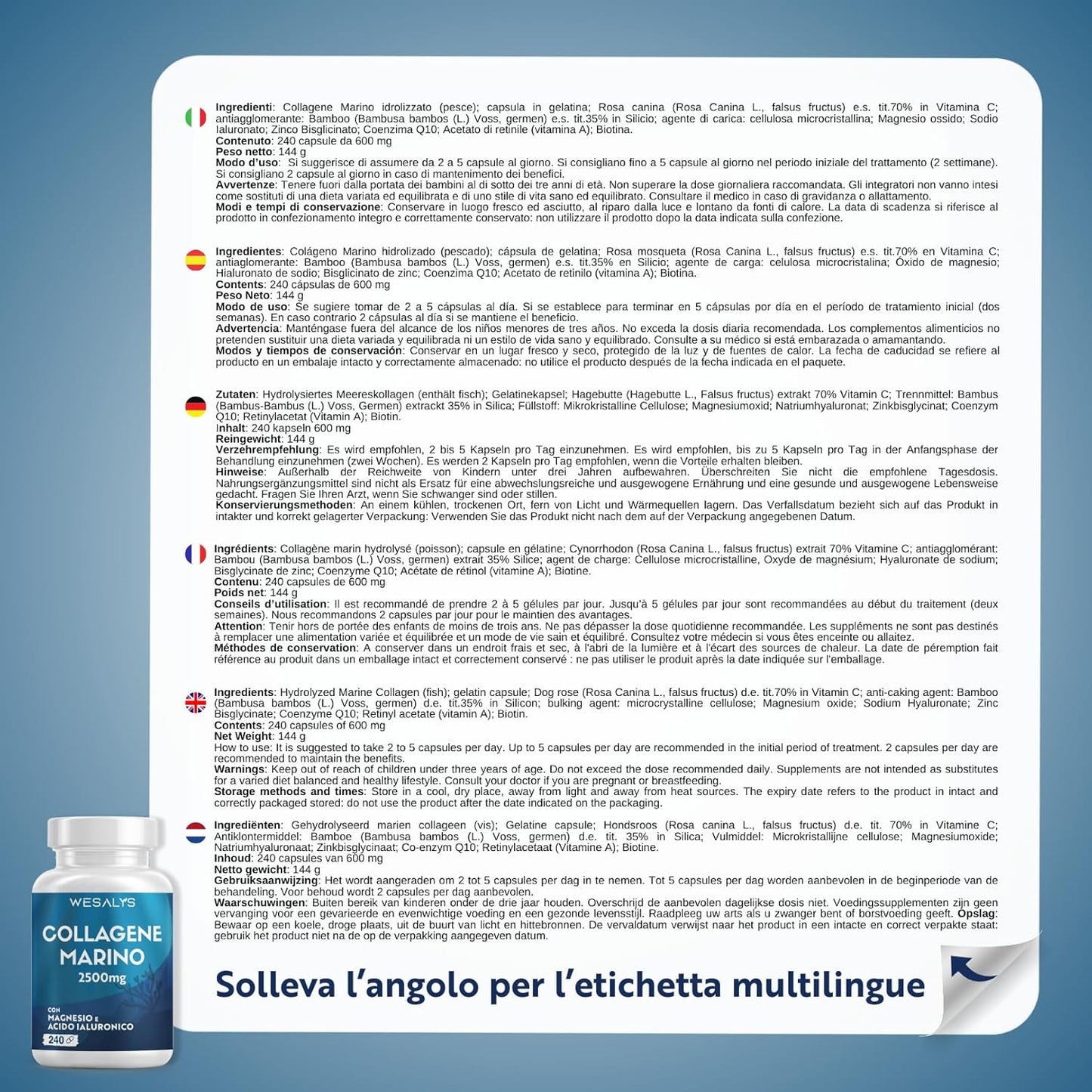 COLLAGENE MARINO con Acido ialuronico - 240 Capsule - 2500mg di Collagene idrolizzato, Integratore con Biotina, Vitamina C, Coenzima Q10 per Pelle, Capelli e Articolazioni