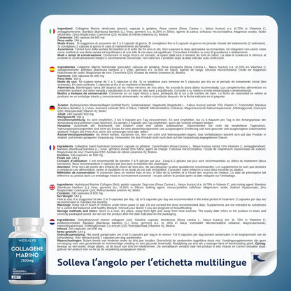 COLLAGENE MARINO con Acido ialuronico - 240 Capsule - 2500mg di Collagene idrolizzato, Integratore con Biotina, Vitamina C, Coenzima Q10 per Pelle, Capelli e Articolazioni