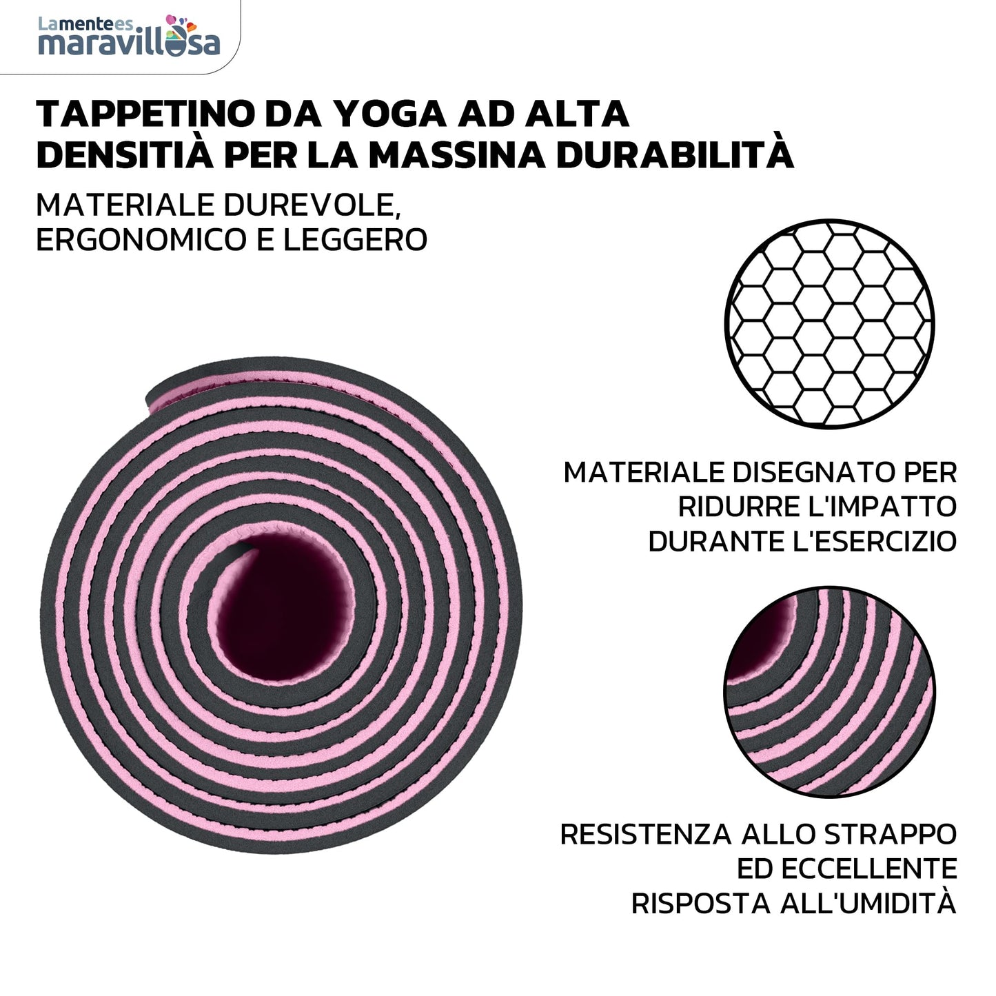 LA MENTE ES MARAVILLOSA - Tappetino per Yoga, Pilates, Fitness o Altri Sport, Tappetino Antiscivolo in TPE con Borsa a Tracolla, Tappetino da Allenamento 183 x 61 cm