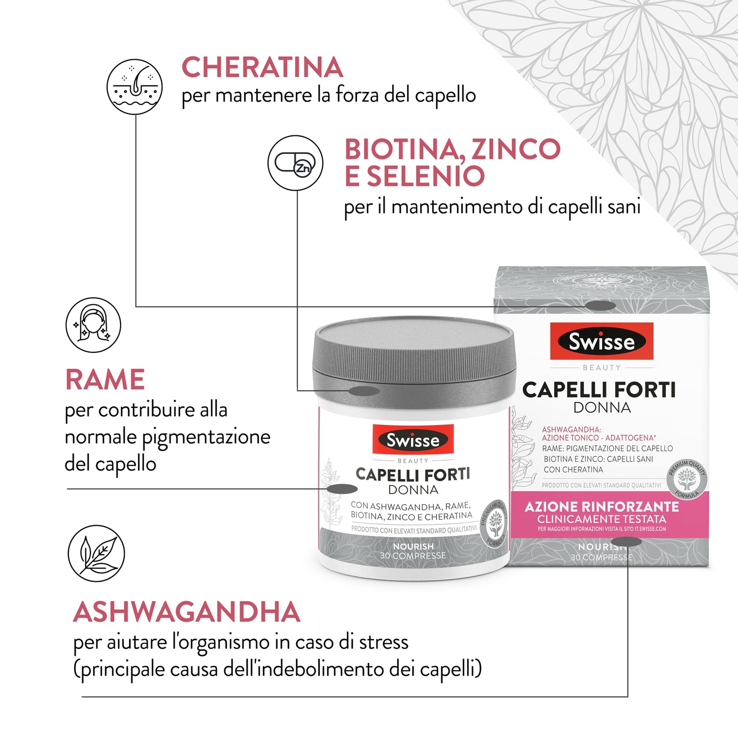 SWISSE Capelli Forti Donna - Integratori per Capelli Donna con Biotina Zinco Rame, 30 Compresse - Integratore con Cheratina per Capelli Forti ad Azione Rinforzante e Tonico-Adattogena - Made in Italy