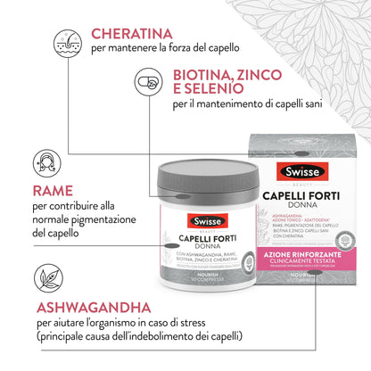 SWISSE Capelli Forti Donna - Integratori per Capelli Donna con Biotina Zinco Rame, 30 Compresse - Integratore con Cheratina per Capelli Forti ad Azione Rinforzante e Tonico-Adattogena - Made in Italy