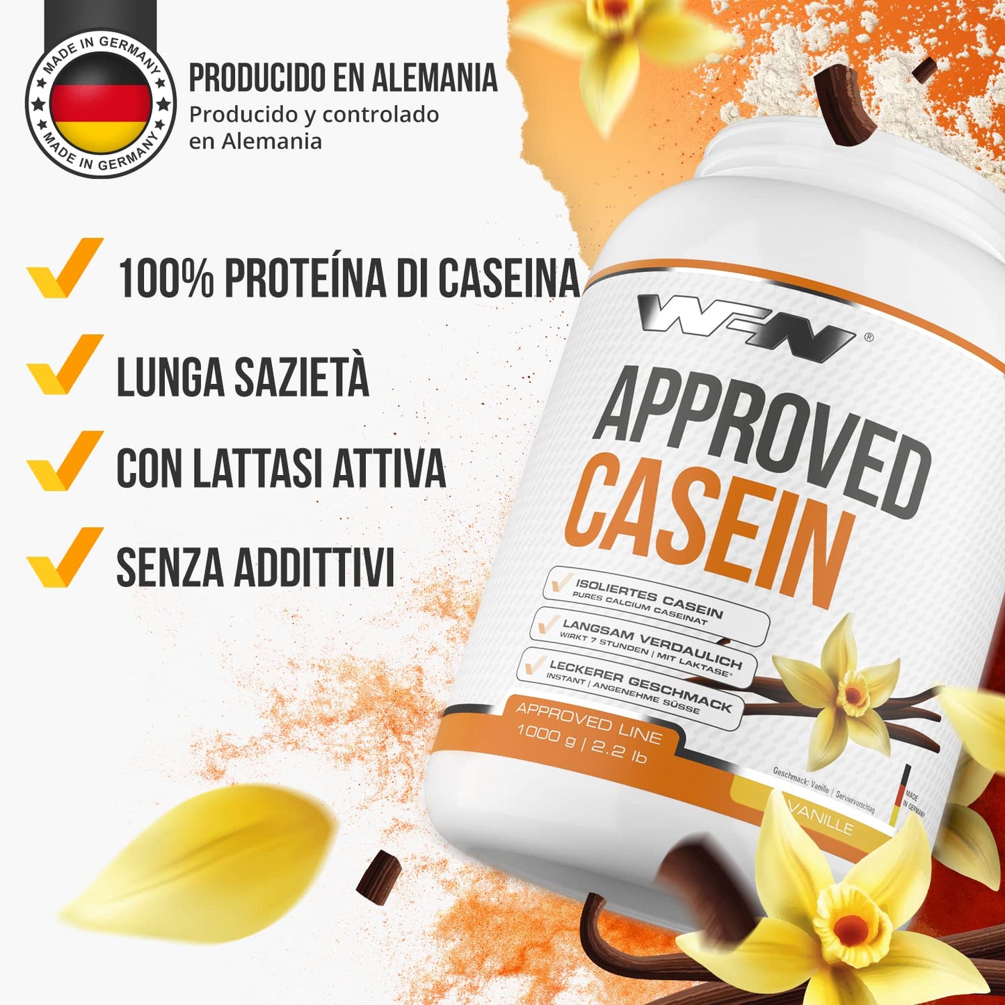 WFN Approved Casein - Neutro - 1 kg - Proteine della caseina con lattasi - Proteina in polvere cremosa - Molto solubile - Prodotto in Germania - Testato in laboratorio esterno