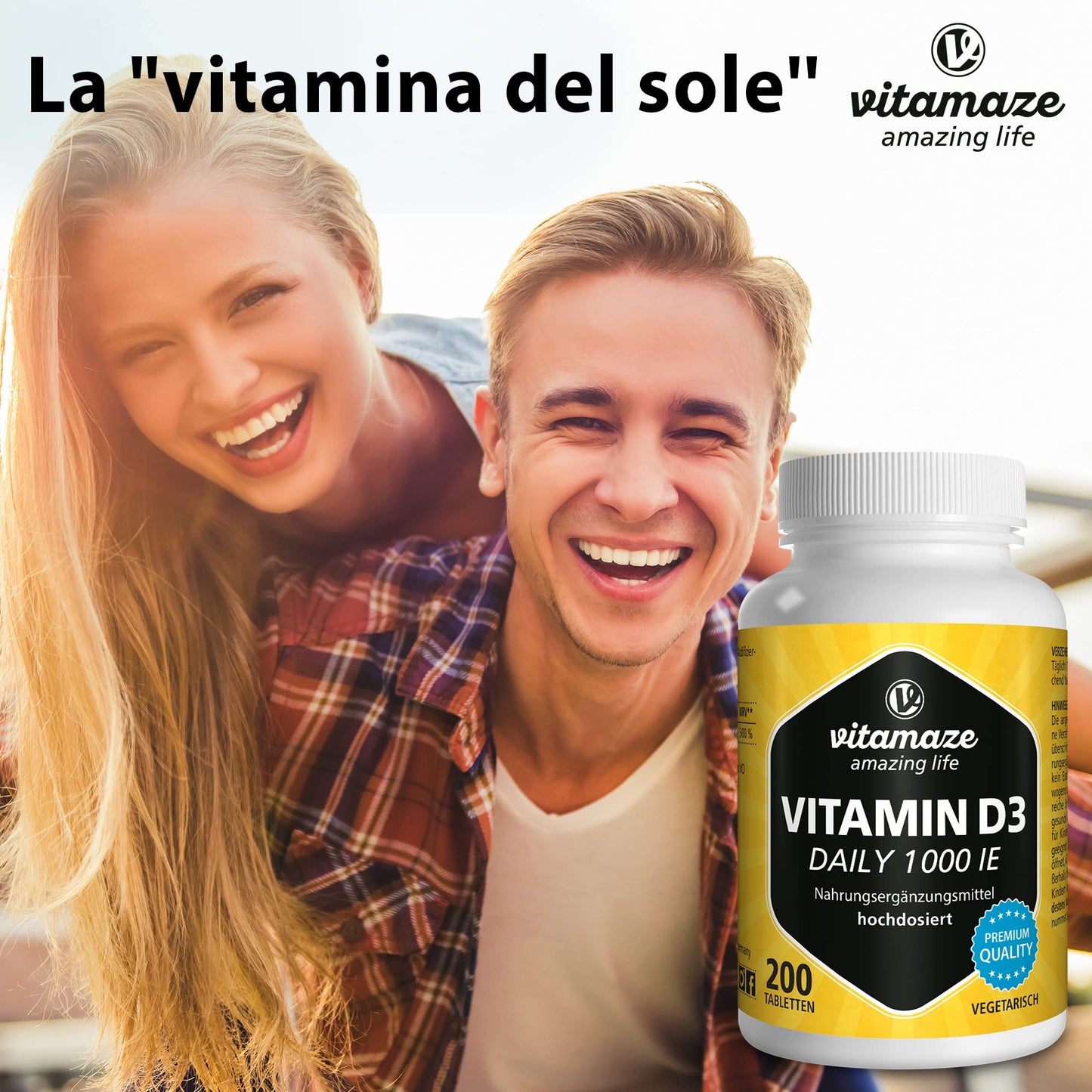 Vitamaze® Vitamina D3 240 compresse Alto dosaggio e vegetariana per più di 1 anno, 2000 UI, 50 mcg di colecalciferolo puro, integratore alimentare naturale senza additivi, Prodotto in Germania