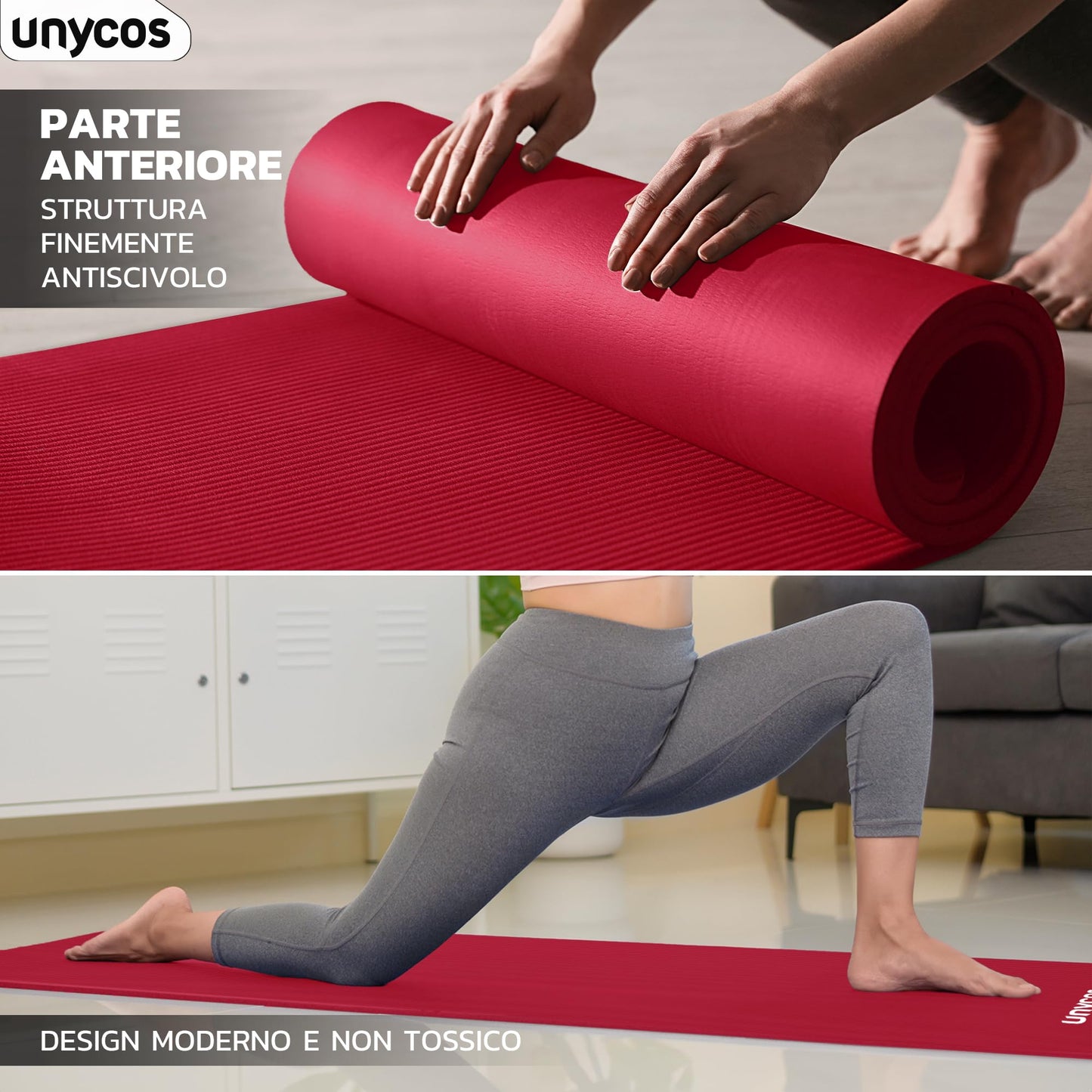 unycos - Tappetino Antiscivolo da Yoga, Pilates e Ginnastica Extra Spesso 10/15 mm, 183x60 cm, Materassino Fitness con Schiuma NBR Confortevole, Tracolla, Borsa ed E-Book di 50 Esercizi