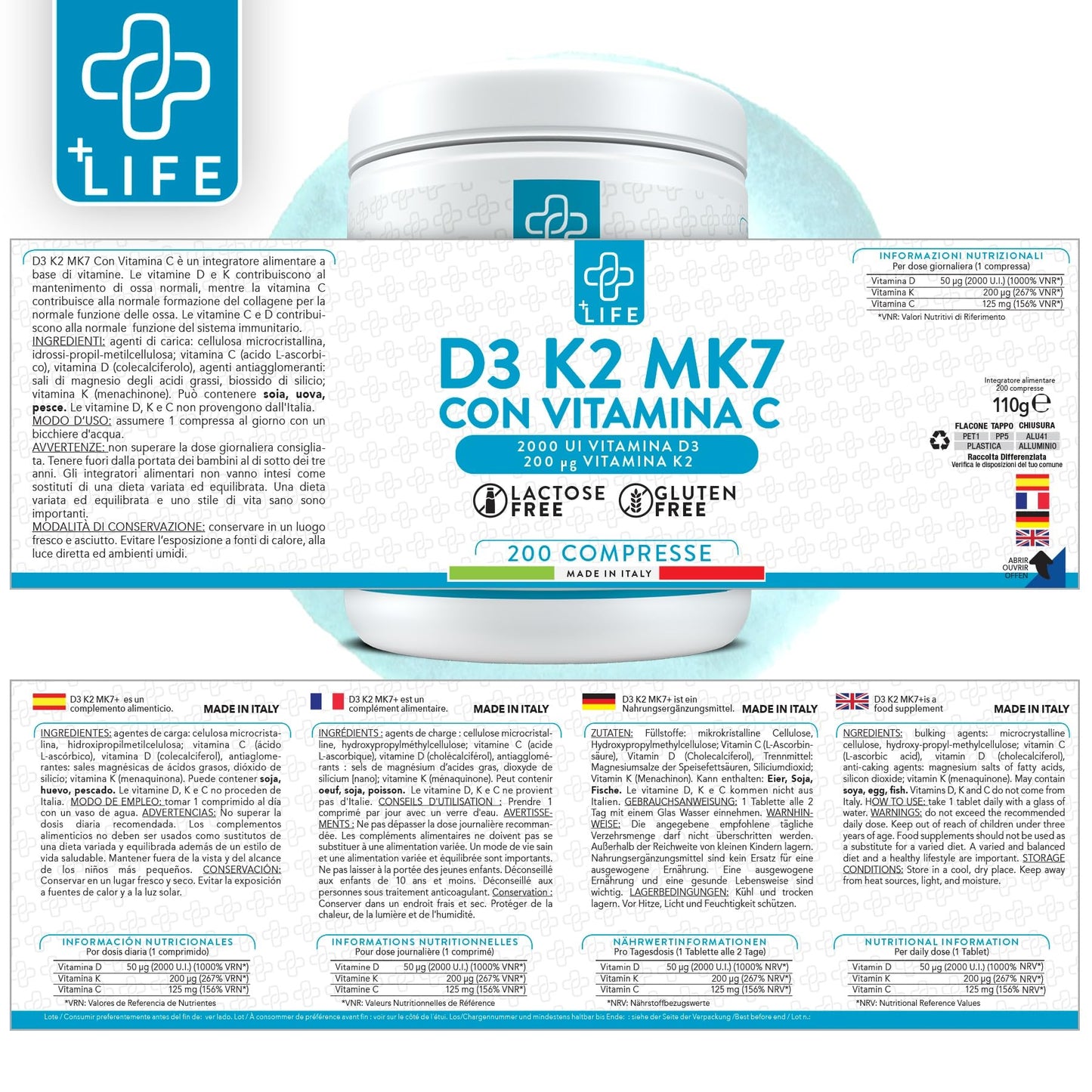 VITAMINA D3 K2 Mk7 Con Vitamina C PiuLife® 200 Compresse Vit D3 2000 UI, Vitamina K2 200µg, Vitamina C 125mg, Benessere Delle Ossa, Difese Immunitarie, Regola Livelli Di Calcio E Fosforo