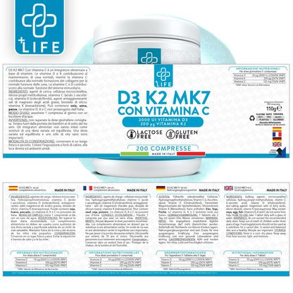 VITAMINA D3 K2 Mk7 Con Vitamina C PiuLife® 200 Compresse Vit D3 2000 UI, Vitamina K2 200µg, Vitamina C 125mg, Benessere Delle Ossa, Difese Immunitarie, Regola Livelli Di Calcio E Fosforo