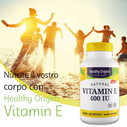 Healthy Origins, Natural Vitamin E, 400 UI per capsula, 180 Capsule morbide, Testato in Laboratorio, Senza Glutine, Non OGM, Vitamina E come tocoferolo