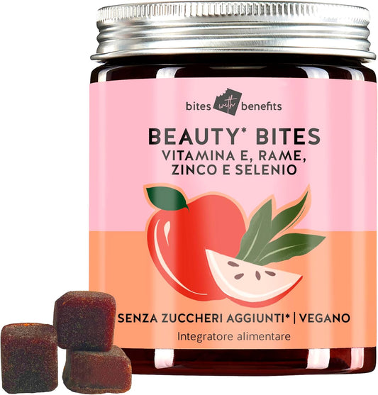 Bears with Benefits Beauty Bites - Rinforzo dei capelli e ringiovanimento della pelle - Vitamina E, selenio, zinco, rame & estratto di tè verde - Senza zucchero e dolcificanti - 45 pezzi