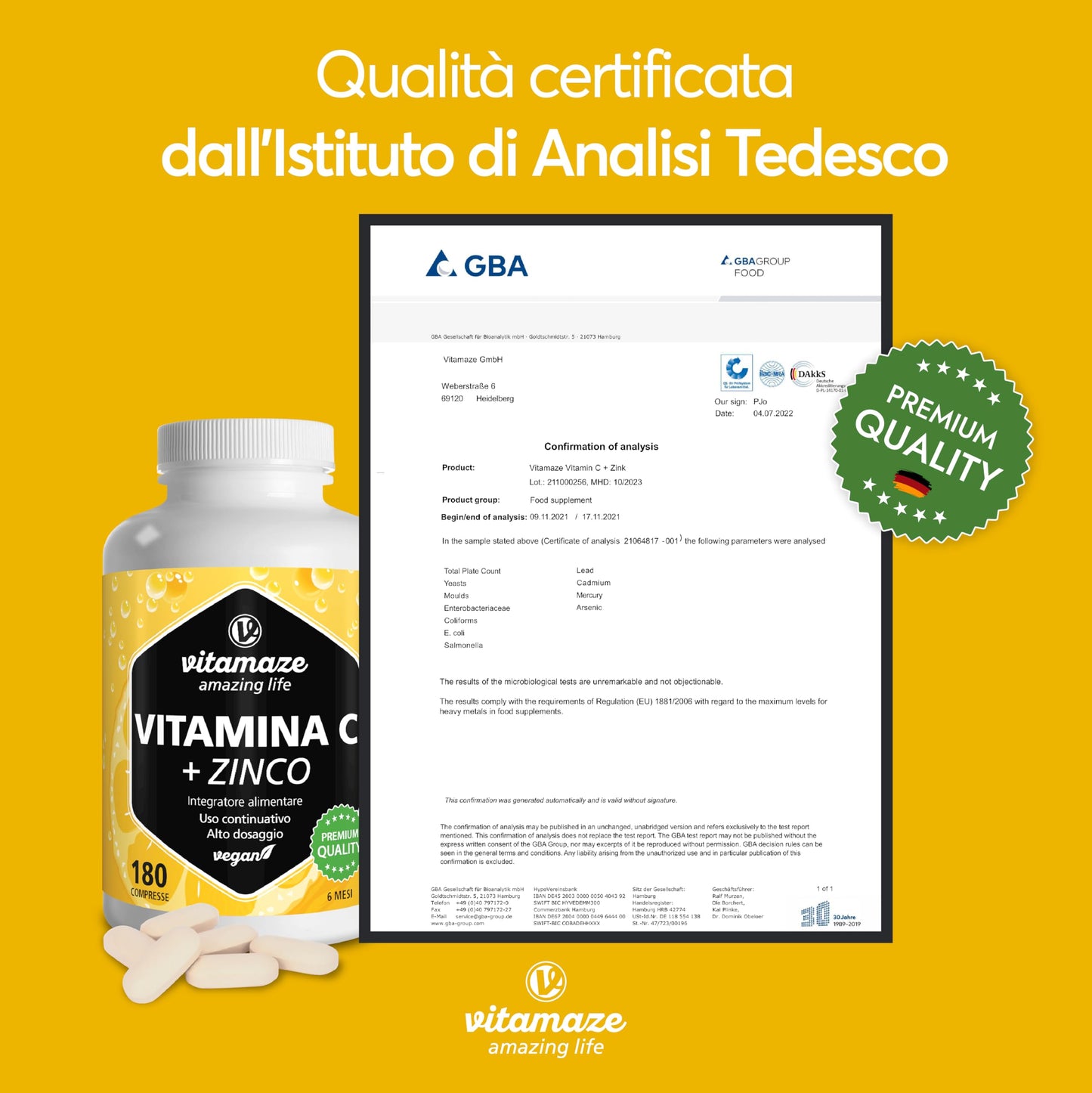 Vitamina C 1000mg (1 Anno) + Zinco + Bioflavonoidi, 360 Compresse, 1 Compresse per Giorno, Vegan Vitamina C Pura Dose Forte, Qualità Tedesca, Integratore Alimentare senza Additivi. Vitamaze®