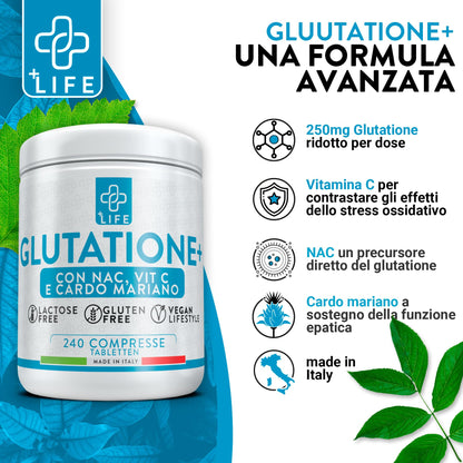 GLUTATIONE Forte 240 Compresse PiuLife® Con Vitamina C, NAC n-acetil-cisteina E Cardo Mariano Fegato, Integratore Glutatione 250 mg, Glutatione Ridotto Antiossidante, Sistema Immunitario, Detox