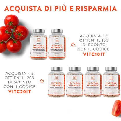 Vitamina C 1000mg Vegan - Integratore Vitamina C Naturale Alto Assorbimento con Bioflavonoidi, Rosa Canina, Acerola - 1000 Vitamina C Pura per dose - Vitamin C Difese Immunitarie 180 Capsule