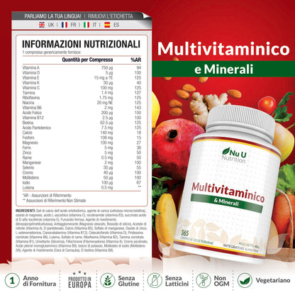 Multivitaminico Completo - 365 Compresse (1 Anno di Scorta) - 25 Vitamine e Minerali per Uomo e Donna - Adatto ai Vegetariani - Integratore Nu U Nutrition