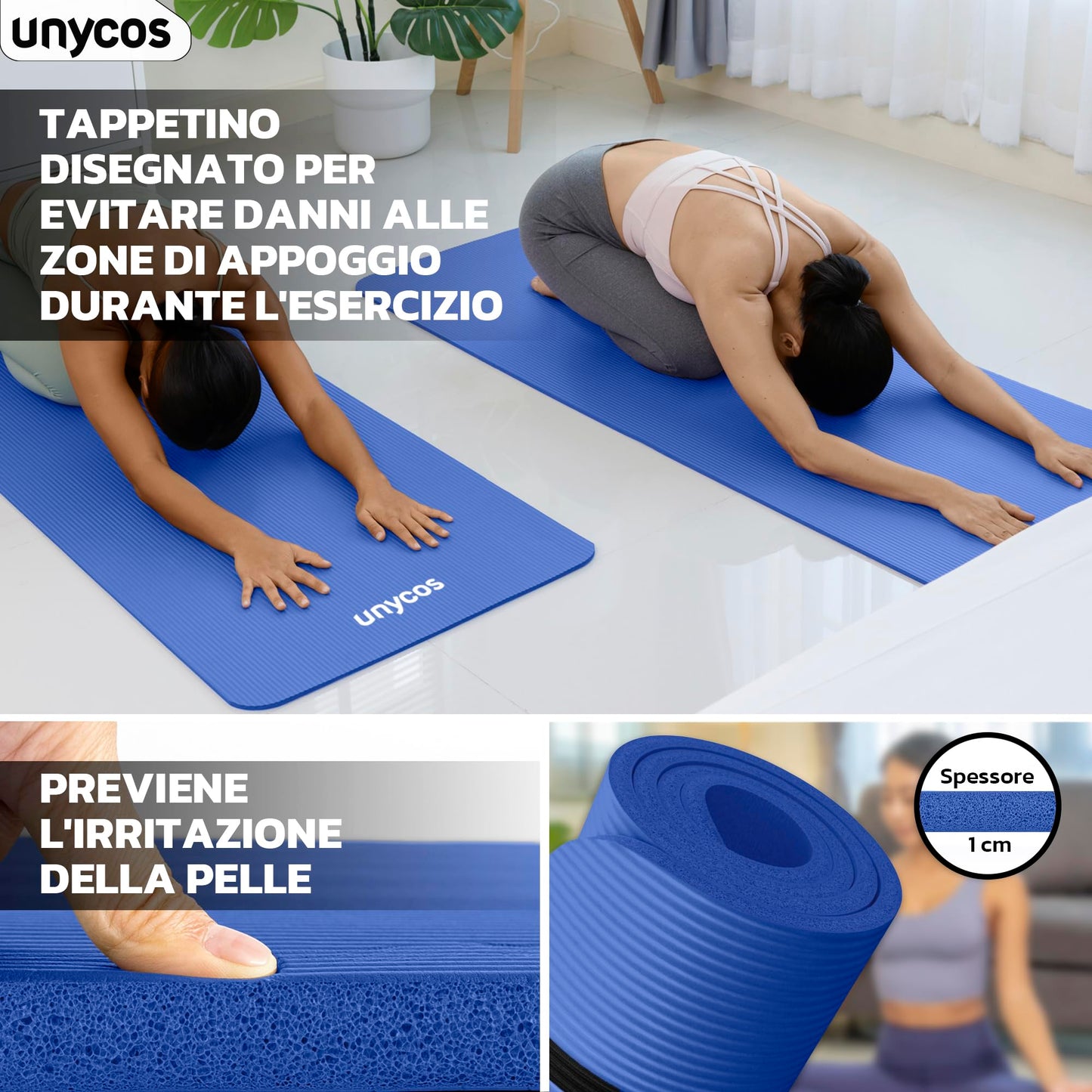 unycos - Tappetino Antiscivolo da Yoga, Pilates e Ginnastica Extra Spesso 10/15 mm, 183x60 cm, Materassino Fitness con Schiuma NBR Confortevole, Tracolla, Borsa ed E-Book di 50 Esercizi