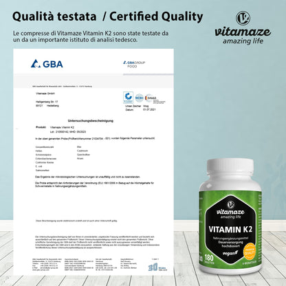 Vitamaze® Vitamina K2 MK-7 Alto Dosaggio Menachinone, 180 Compresse Vegan, Qualità Tedesca, Naturale Integratore Alimentare senza Additivi non Necessari